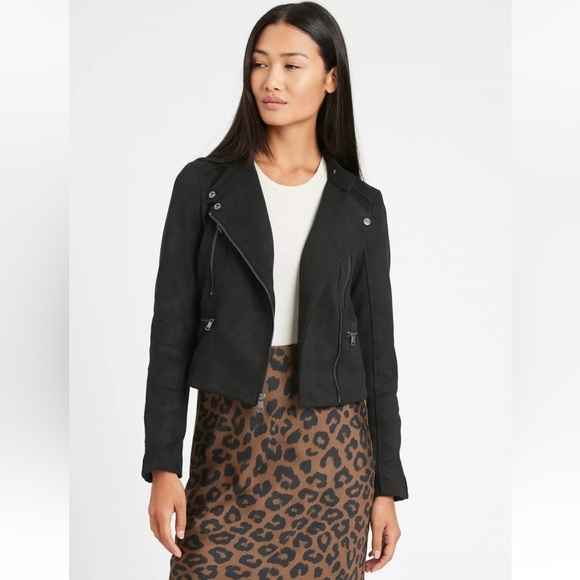 Banana Republic Factory black Faux Suede vegan leather short biker Jacket S - Picture 15 of 16